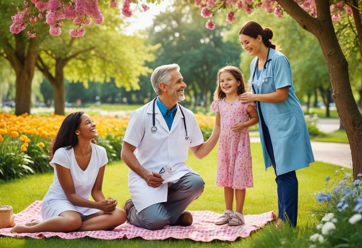 A split image illustrating the concept of happiness and healthcare insurance. On one side, a joyful family enjoying a picnic in a sunlit park, surrounded by vibrant flowers and laughter, conveying contentment. On the other side, a calm, orderly healthcare setting with a friendly doctor speaking with patients and documents showing insurance comparisons. Blending these two worlds harmoniously, showcasing the connection between happiness and healthcare. super-realistic. vibrant colors.