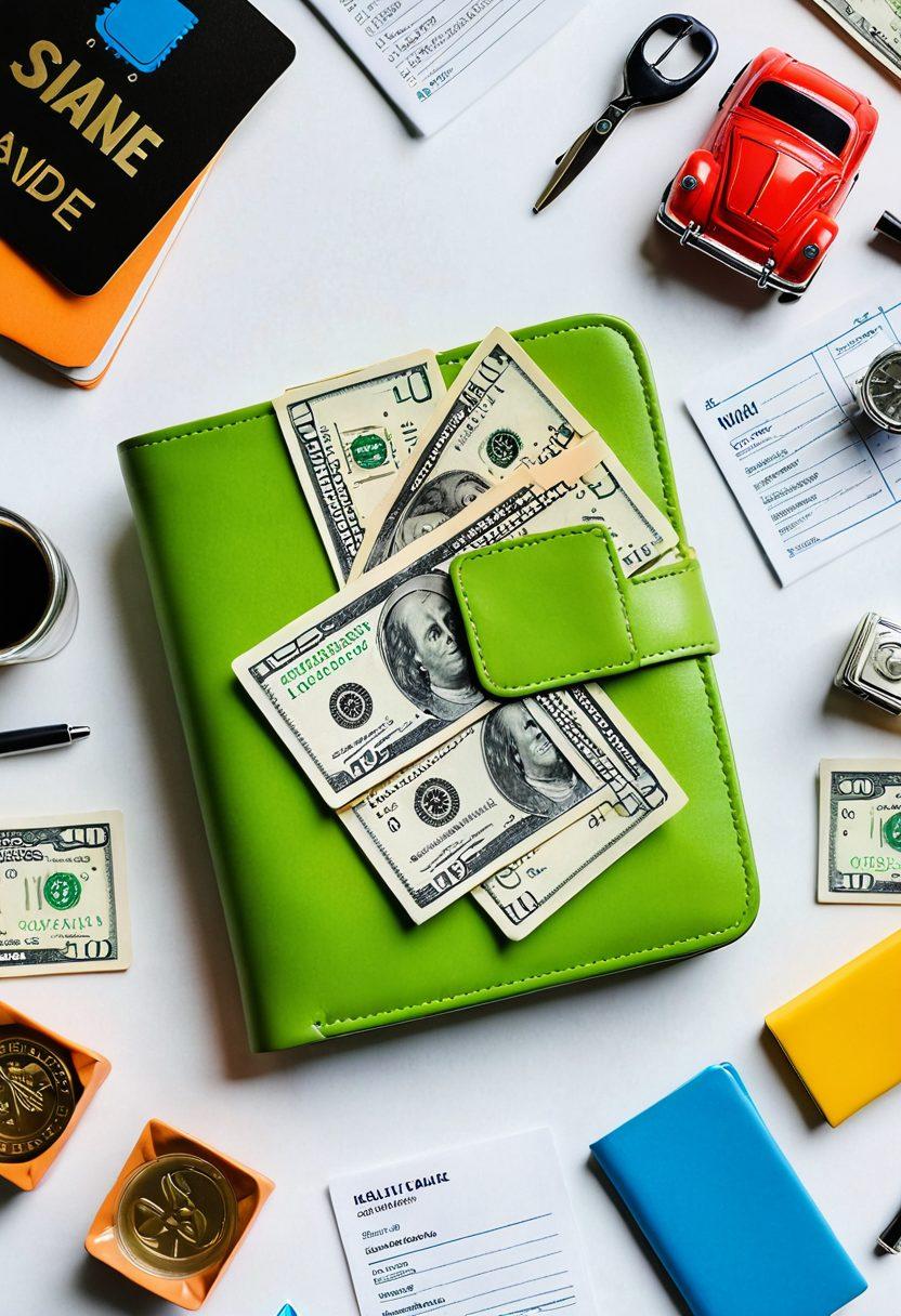 A modern, sleek wallet bursting with colorful dollar bills and insurance policy documents, set against a bright, cheerful background. Surrounding the wallet, animated icons representing health, auto, home, and life insurance float in a playful arrangement. The scene conveys a sense of optimism and financial savvy. super-realistic. vibrant colors. white background.
