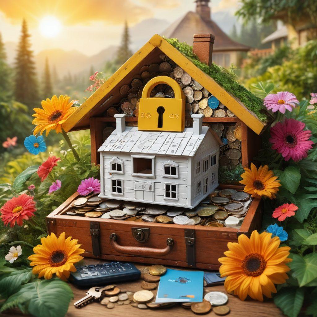 A vibrant collage depicting a whimsical key unlocking a treasure chest filled with insurance symbols like home, car, health, and travel. Surround the chest with lush greenery and colorful flowers to symbolize joy and abundance. Add a playful sun in the background representing positivity. Include elements of budgeting like coins and a calculator subtly in the scene. super-realistic. vibrant colors. white background.